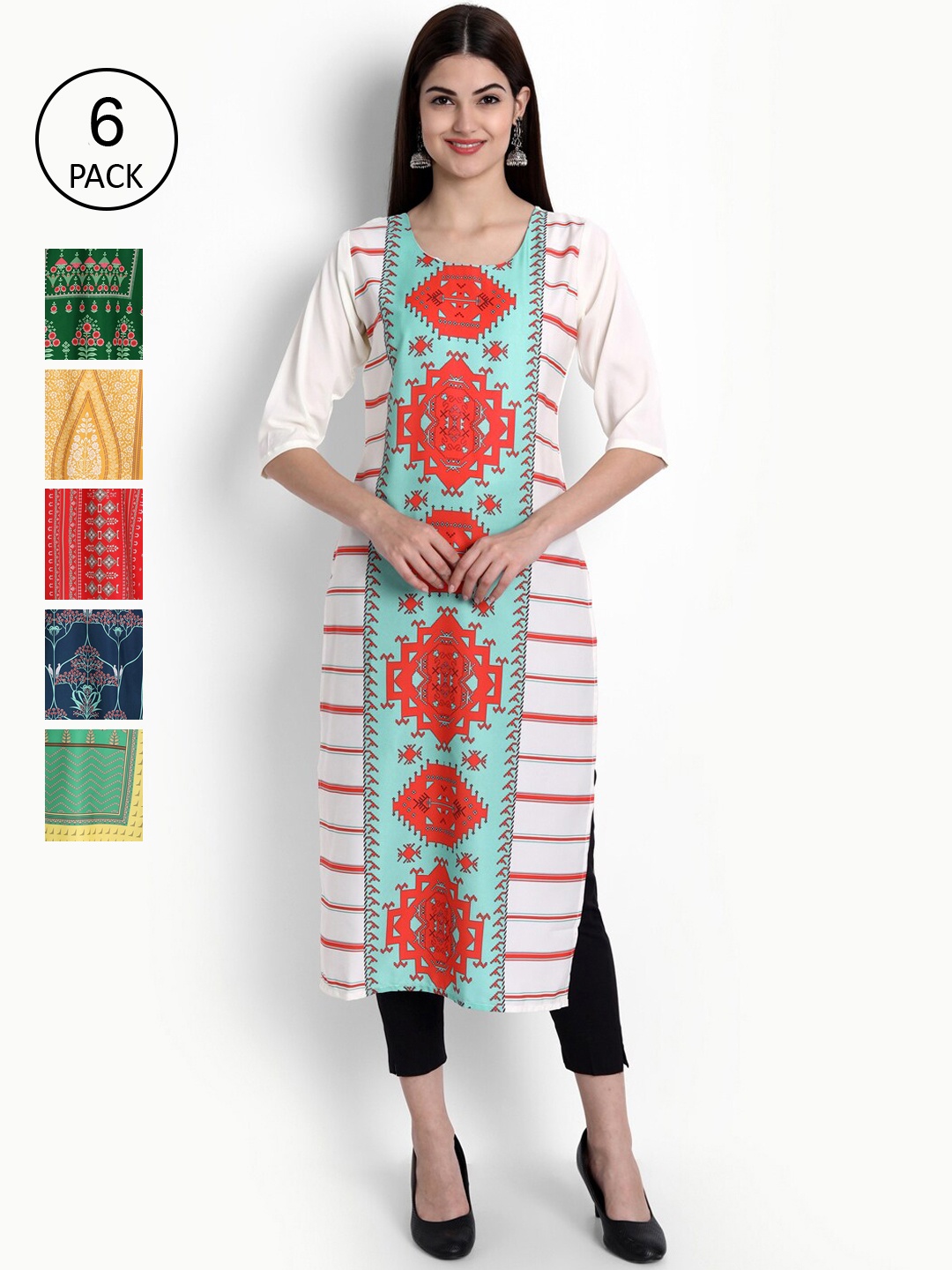 

Ethnic basket Women Pack of 6 Digital Printed Straight Kurtas, White