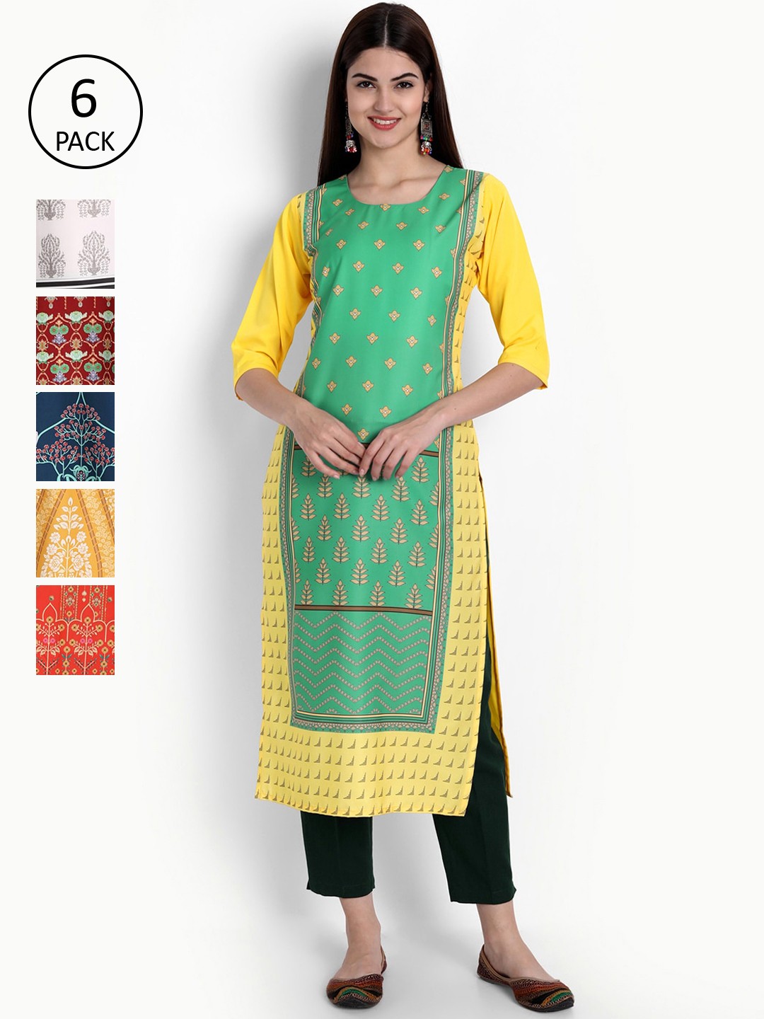

Ethnic basket Women Multicoloured Set of 6 Printed Crepe Kurta, Multi