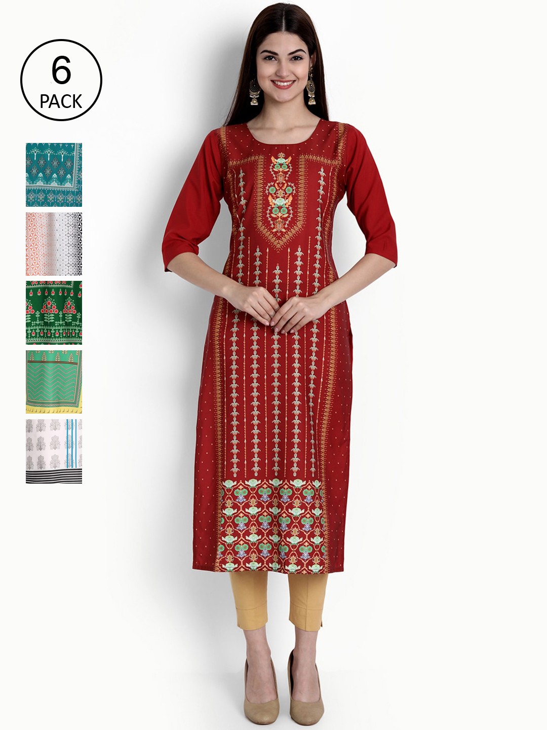 

Ethnic basket Women Pack of 6 Ethnic Motifs Crepe Kurta, Red
