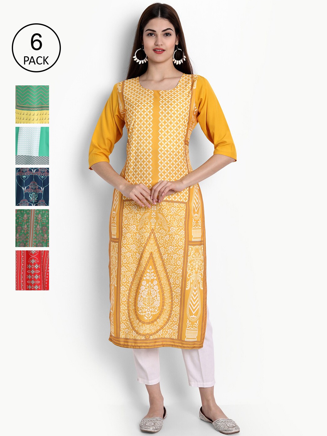 

Ethnic basket Women Pack Of 6 Yellow & Green Ethnic Motifs Printed Crepe Kurta