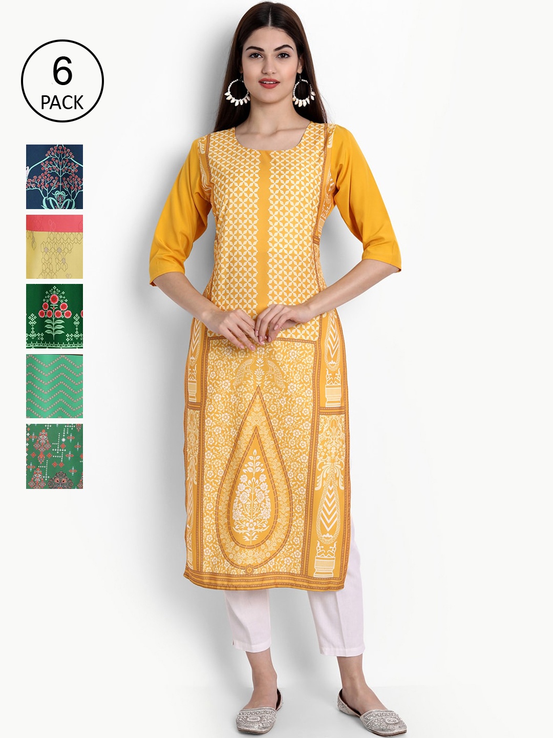 

Ethnic basket Women Yellow & Green Ethnic Motifs Printed Crepe Kurta Pack Of 6