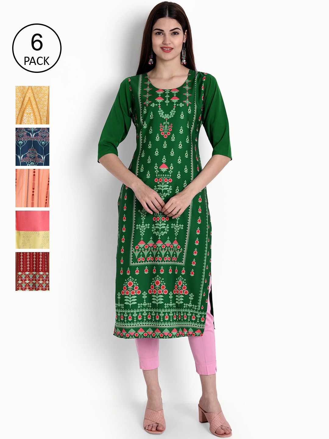 

Ethnic basket Women Pack of 6 Ethnic Motifs Printed Crepe Kurta, Green