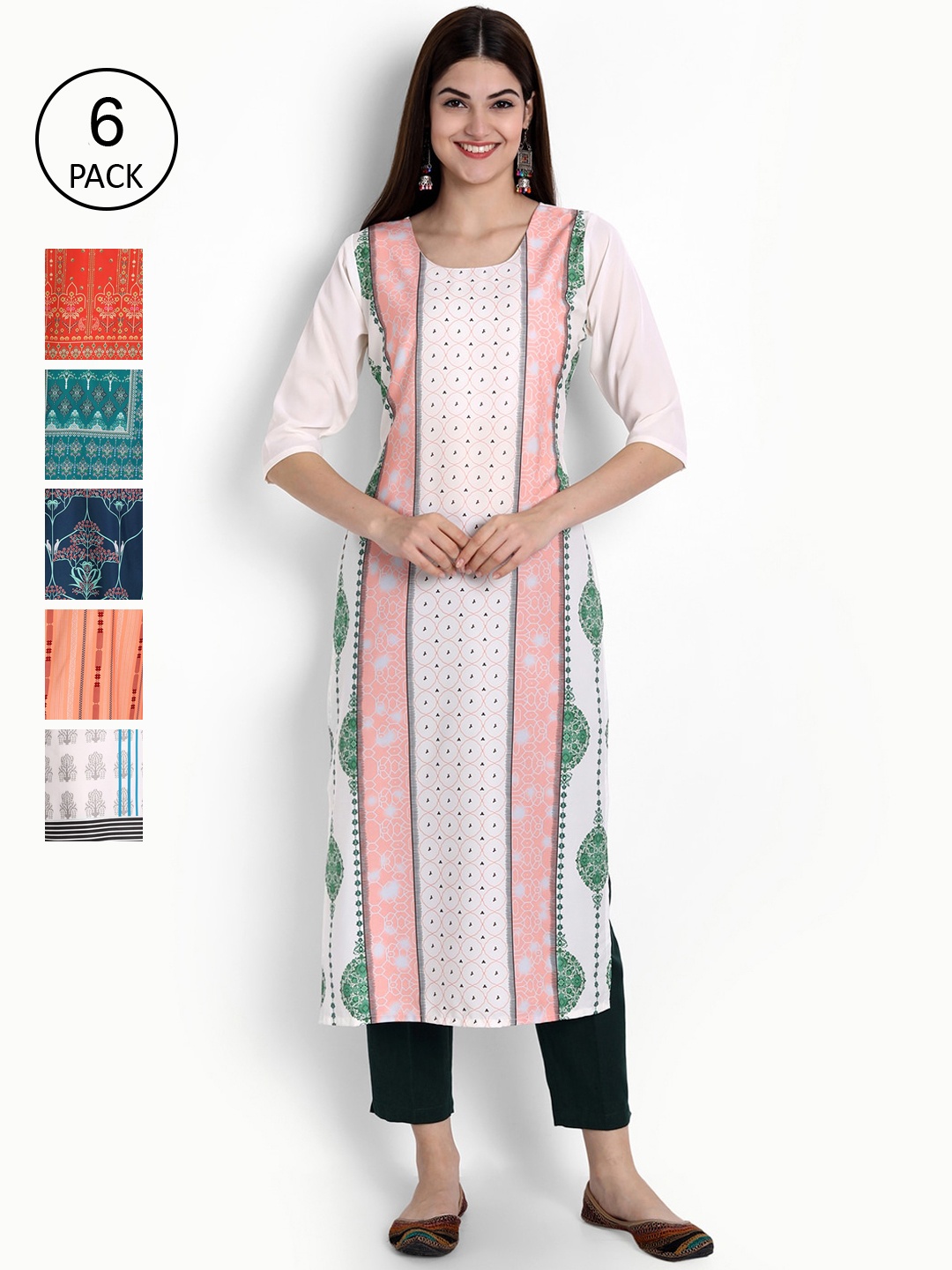 

Ethnic basket Women Pack Of 6 White & Red Geometric Embroidered Crepe Kurtas