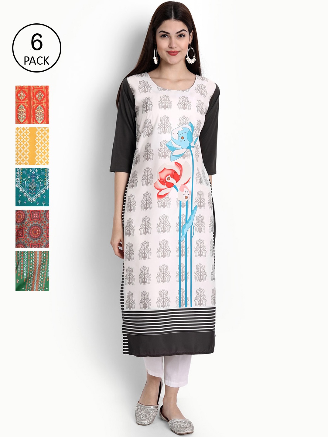 

Ethnic basket Women Multicoloured Set of 6 Printed Crepe Kurta, Multi