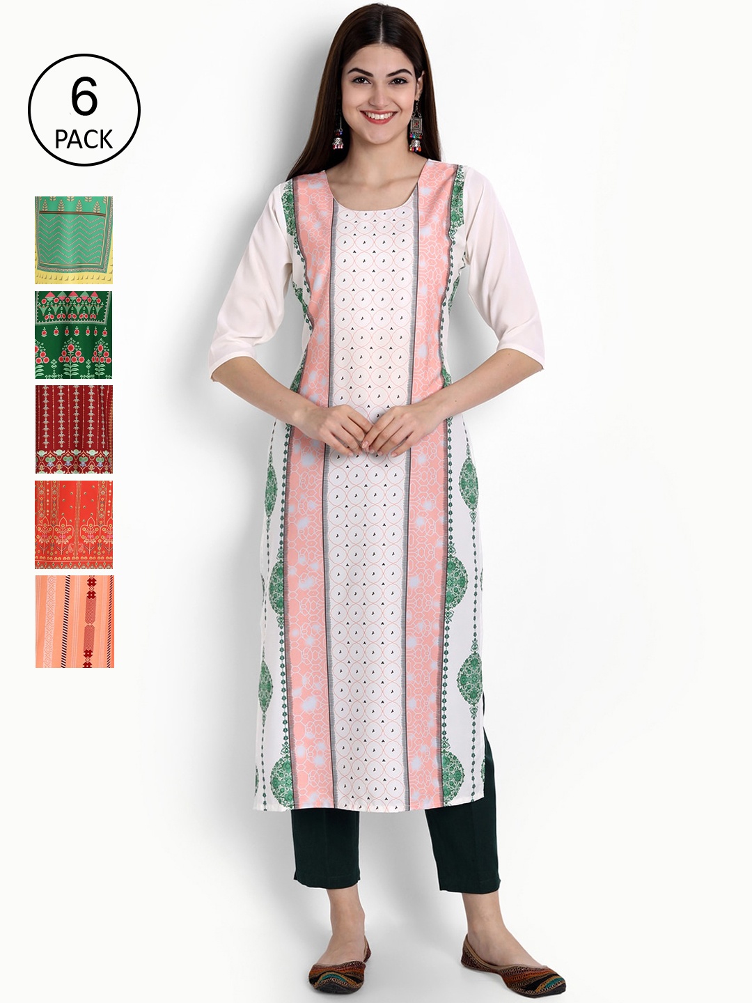 

Ethnic basket Women Pack Of 6 Ethnic Motifs Printed Crepe Kurta, Maroon