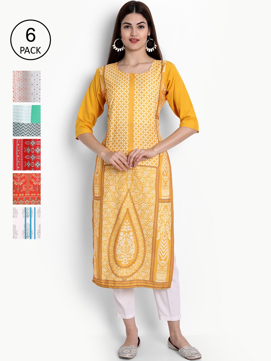 

Ethnic basket Women Pack of 6 Digital Printed Straight Kurtas, Yellow