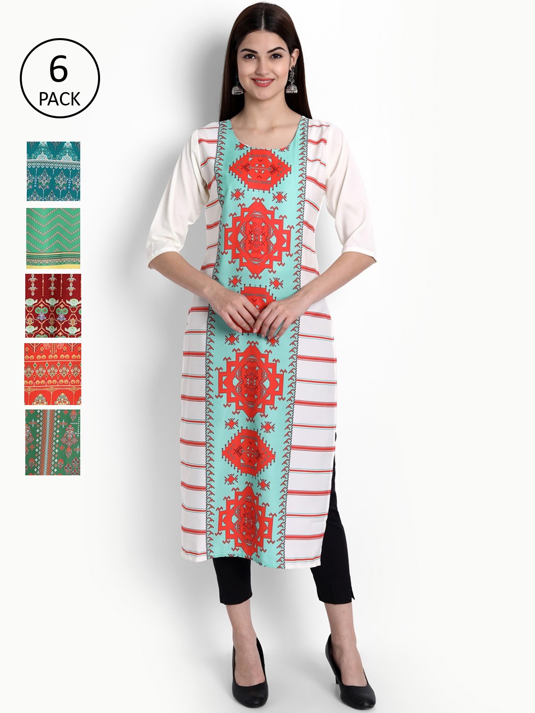 

Ethnic basket Women Pack Of 6 Multicoloured Ethnic Motifs Printed Crepe Kurta, Multi