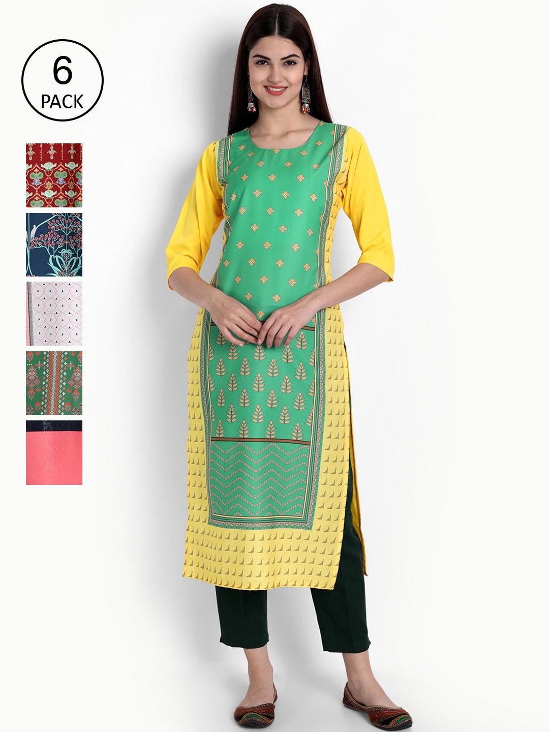 

Ethnic basket Women Pack of 6 Ethnic Motifs Printed Crepe Kurta, White