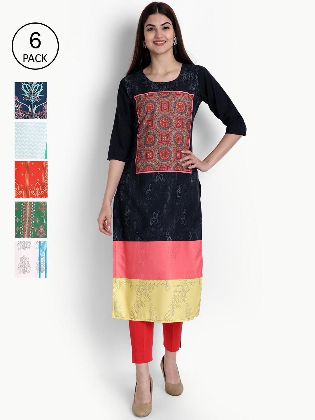 

Ethnic basket Women Pack Of 6 Straight Kurtas, Black
