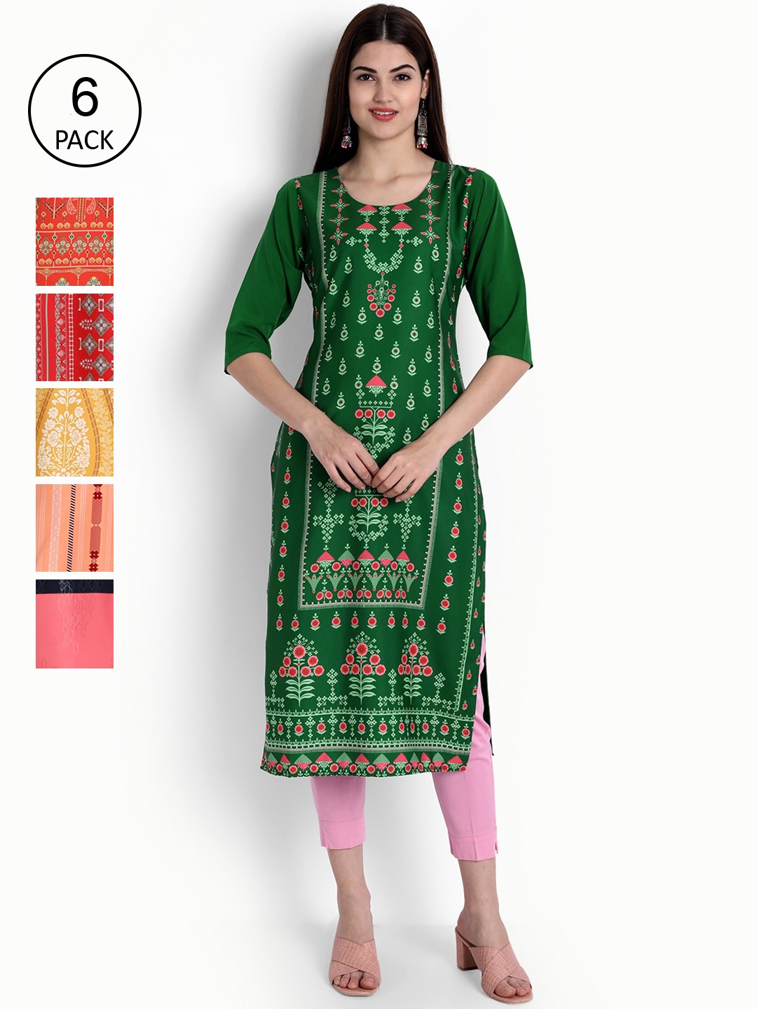 

Ethnic basket Women Multicoloured Set of 6 Printed Crepe Kurta, Multi