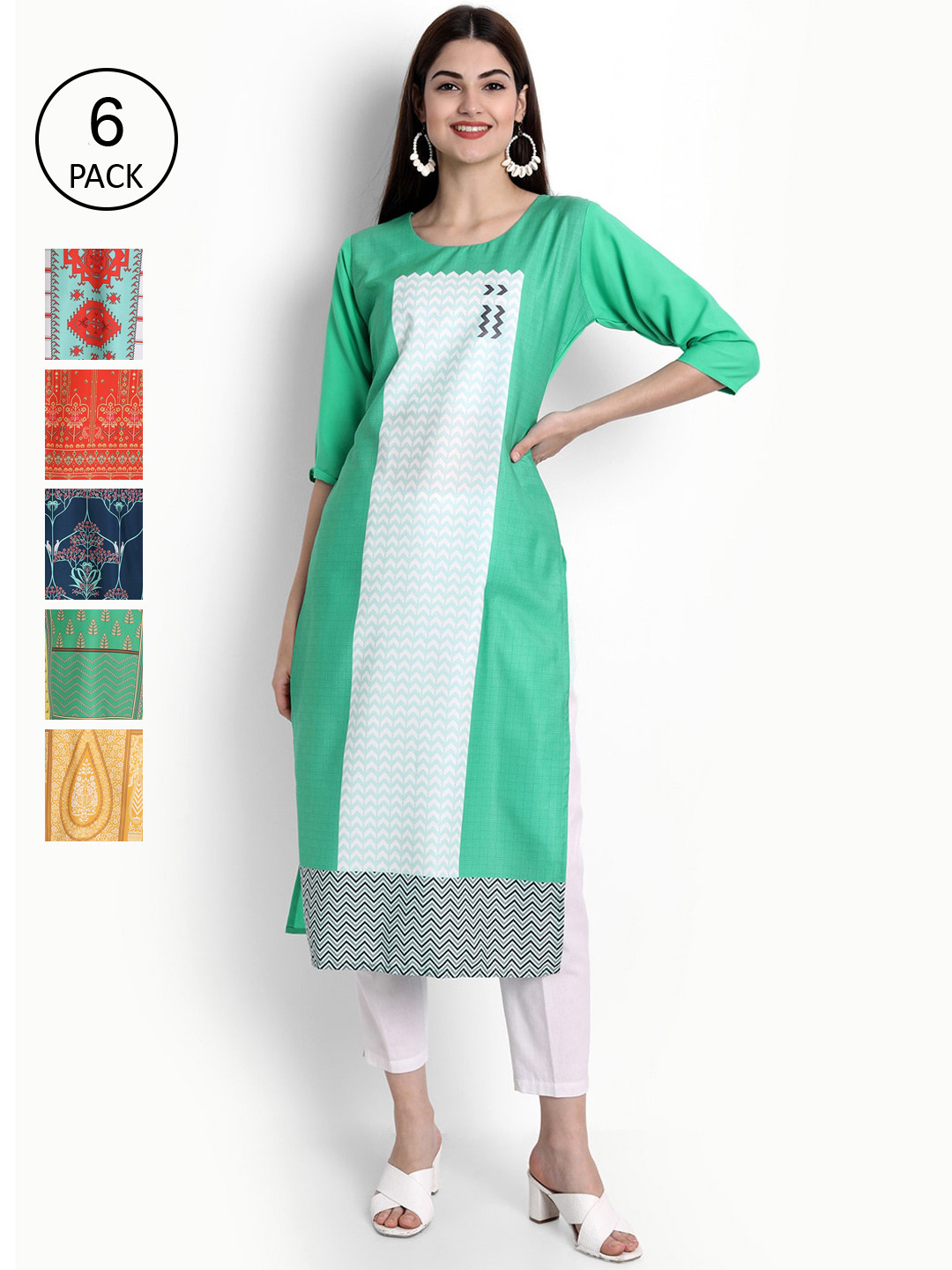 

Ethnic basket Women Set Of 6 Green & White Ethnic Motifs Printed Crepe Kurta