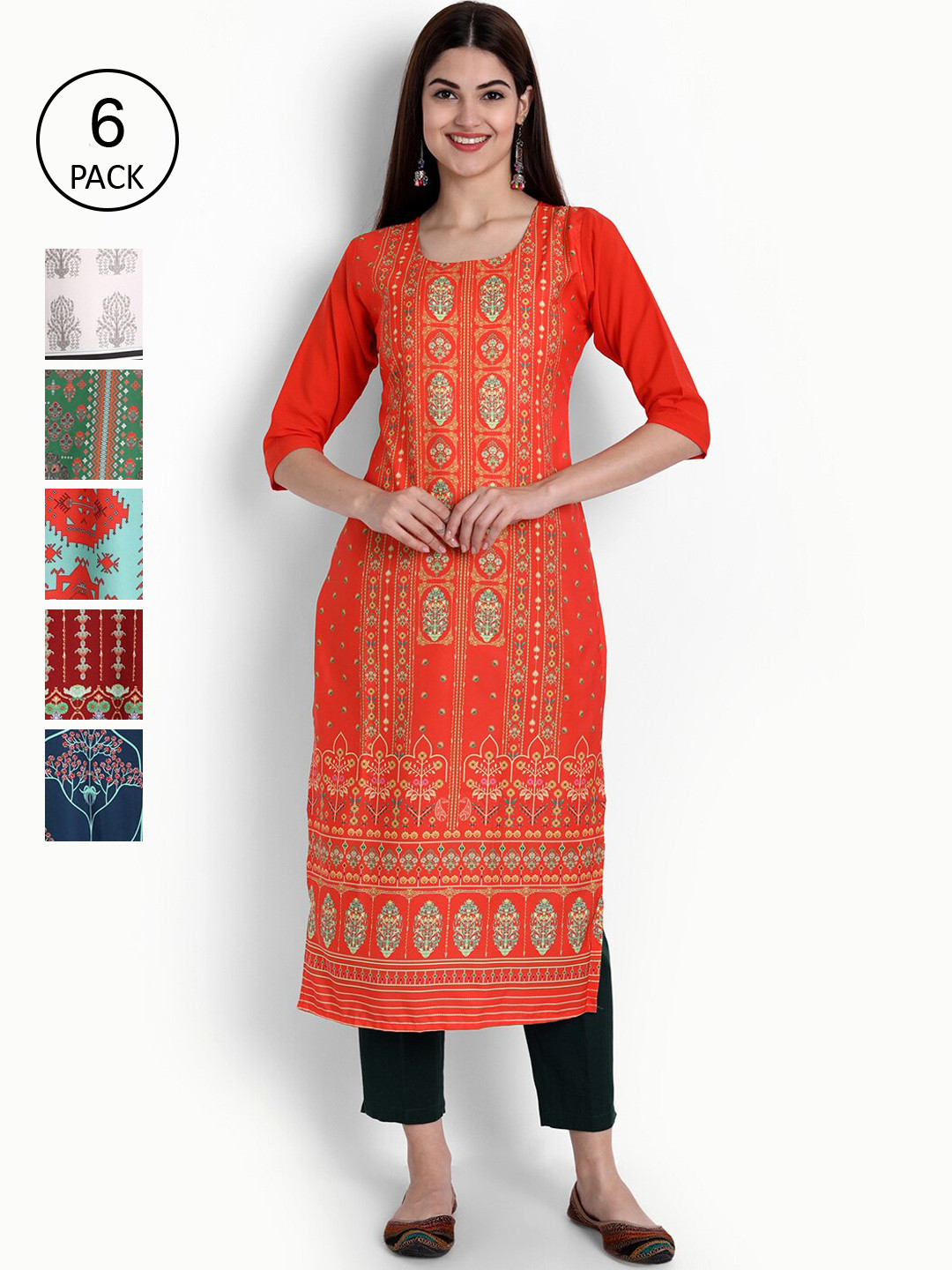 

Ethnic basket Women Pack of 6 Straight Kurtas, Red