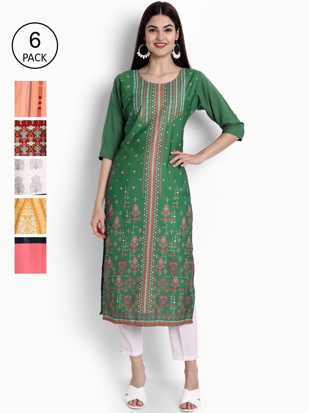 

Ethnic basket Women Pack Of 6 Ethnic Motifs Printed Crepe Kurta, Green
