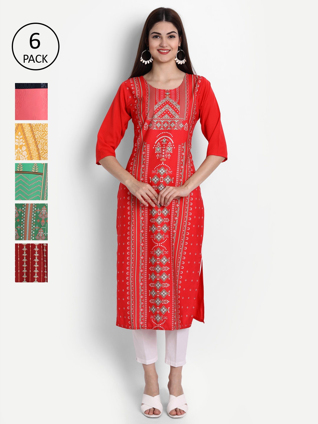 

Ethnic basket Women Set Of 6 Red & Yellow Ethnic Motifs Printed Crepe Kurta