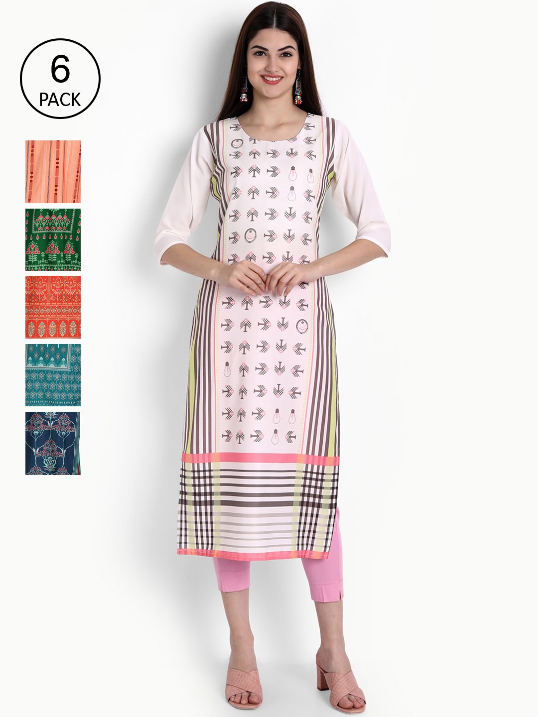 

Ethnic basket Women Multicoloured Pack Of 6 Ethnic Motifs Printed Kurta, Multi