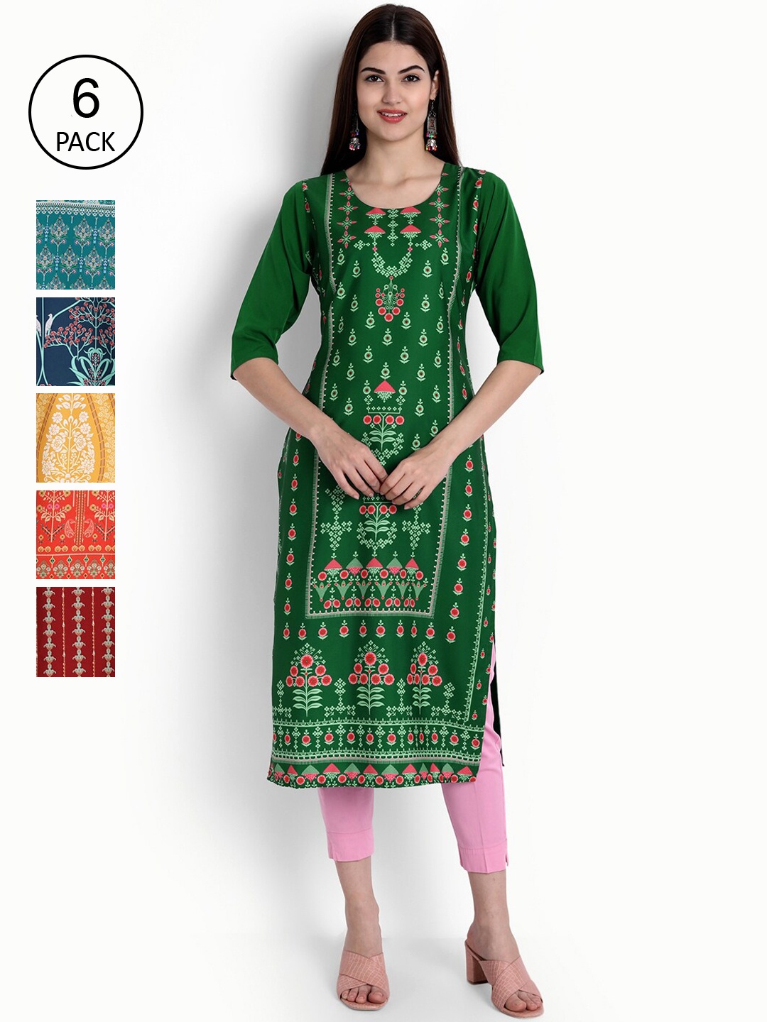 

Ethnic basket Women Pack of 6 Digital Printed Straight Kurtas, Green