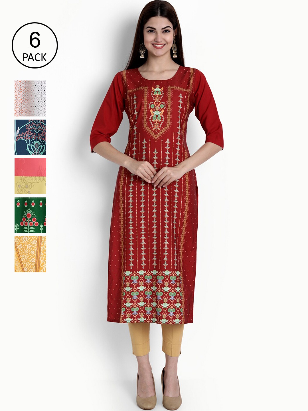 

Ethnic basket Women Pack of 6 Ethnic Motifs Printed Crepe Kurta, Red