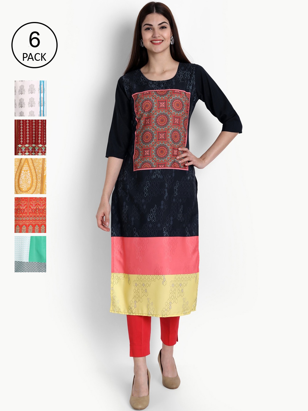 

Ethnic basket Women Set Of 6 Multicoloured Ethnic Motifs Printed Crepe Kurta, Multi