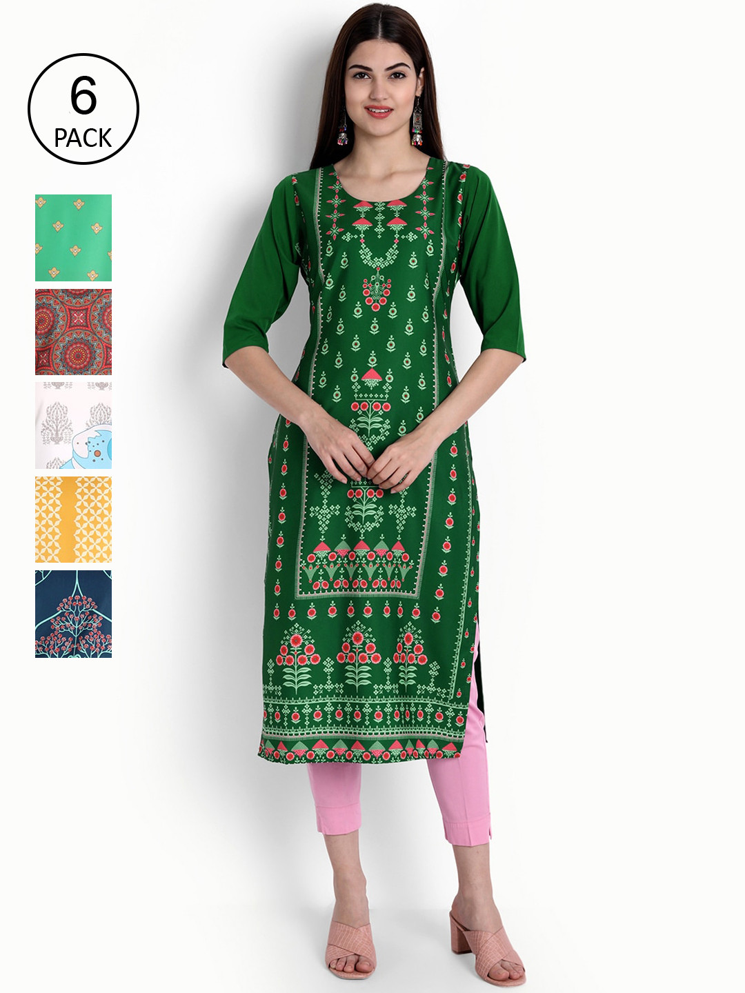 

Ethnic basket Women Pack Of 6 Ethnic Motifs Printed Crepe Kurta, Green