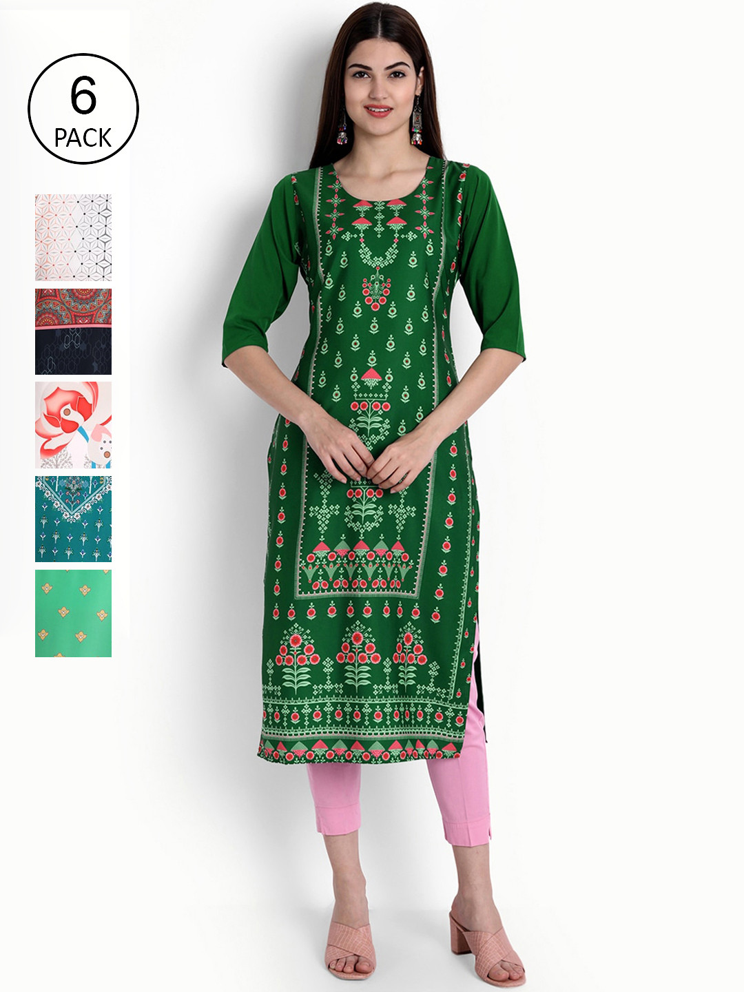 

Ethnic basket Women Pack Of 6 Ethnic Motifs Printed Crepe Kurta, Green