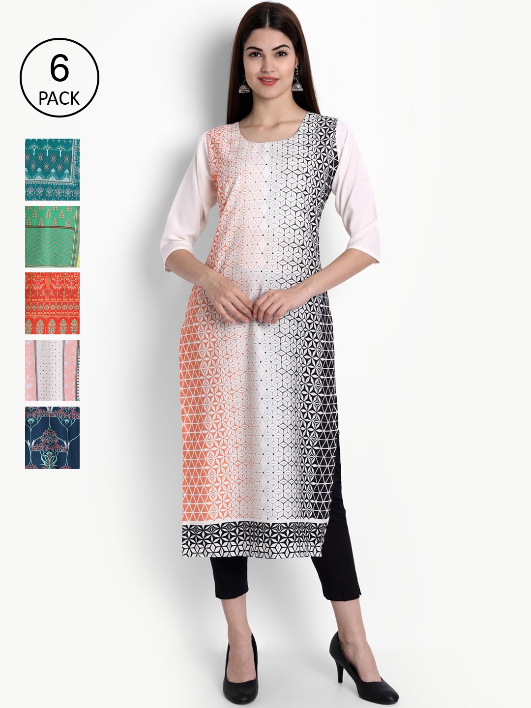 

Ethnic basket Women Multicoloured Set of 6 Printed Crepe Kurta, Multi
