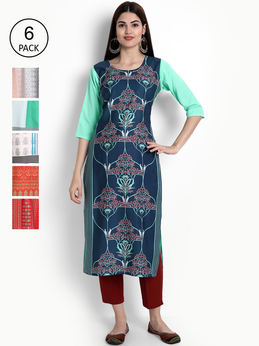 

Ethnic basket Women Teal & Green Pack Of 6 Ethnic Motifs Printed Kurta