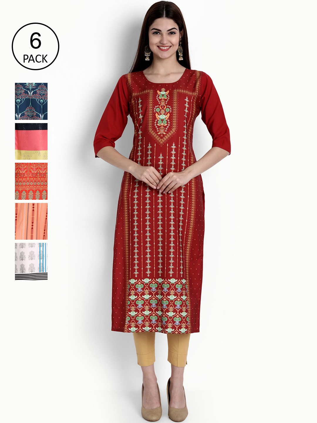 

Ethnic basket Women Pack Of 6 Multi Ethnic Motifs Printed Crepe Kurta