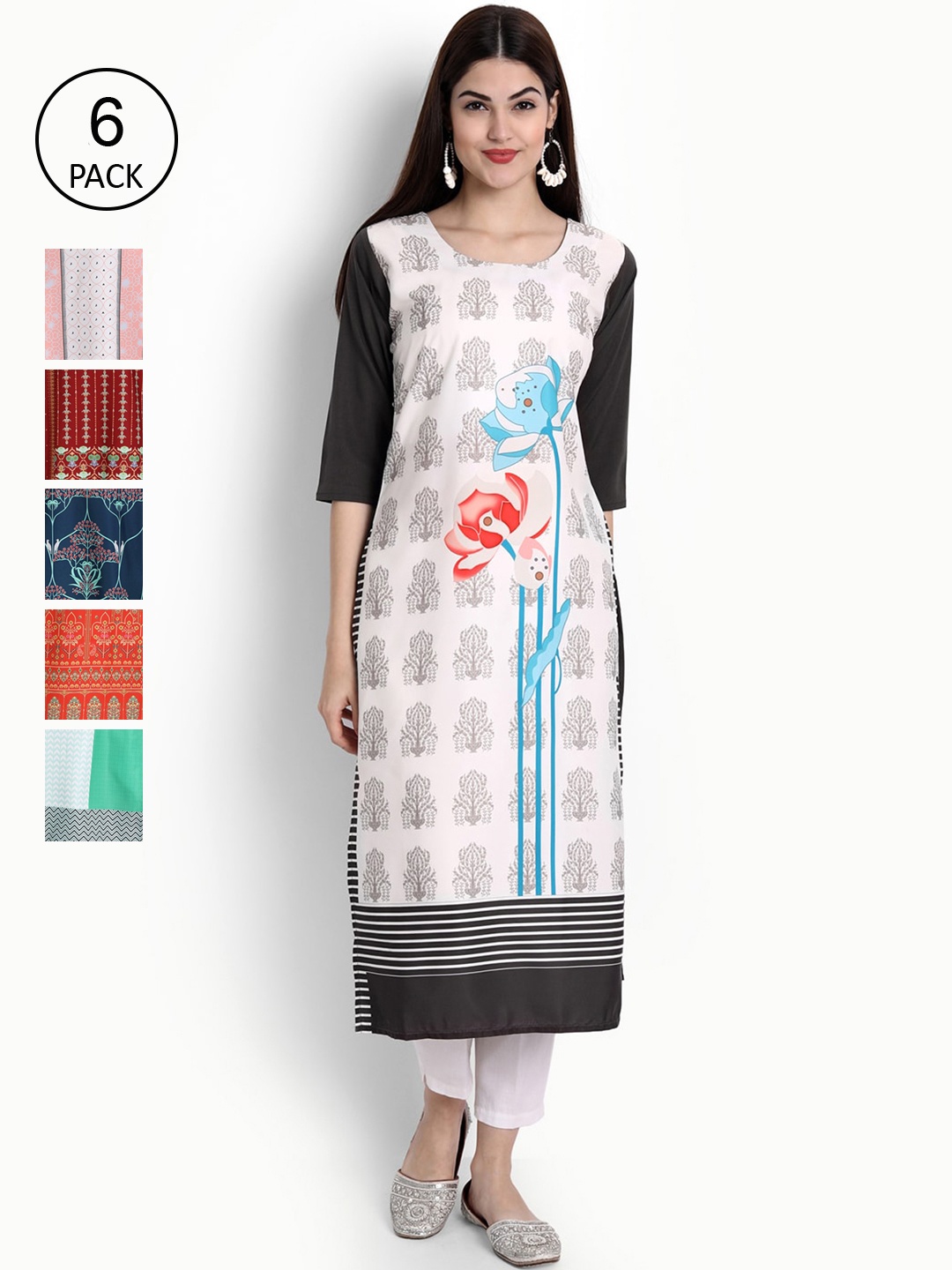 

Ethnic basket Women Pack of 6 Printed Crepe Kurta, White