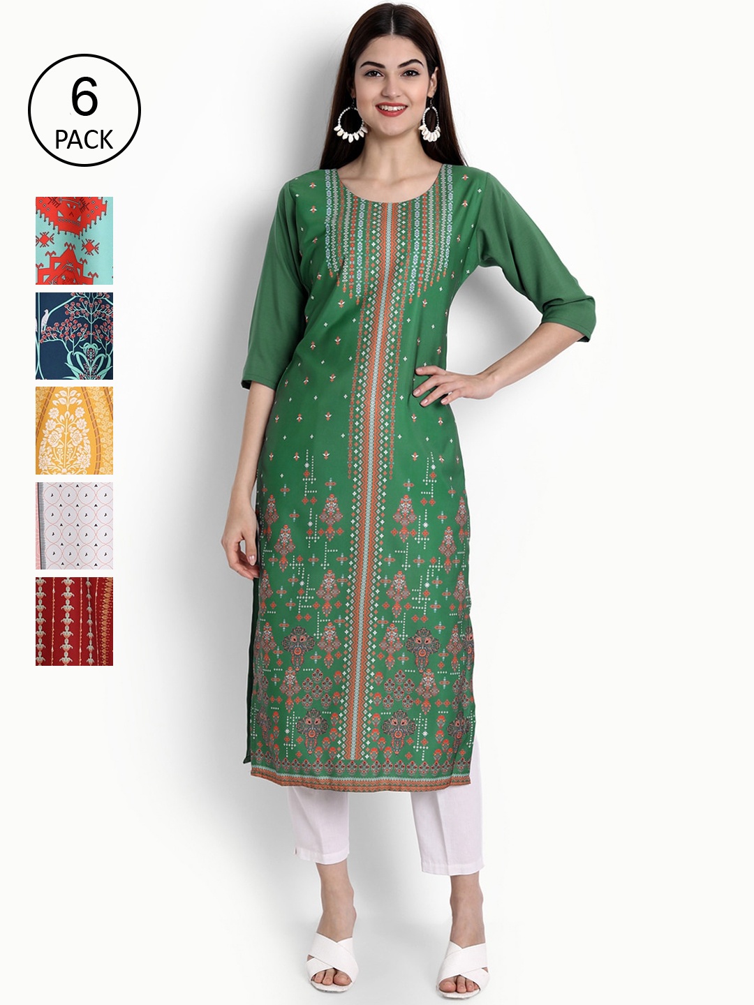 

Ethnic basket Women Pack of 6 Ethnic Motifs Printed Crepe Kurta, Green