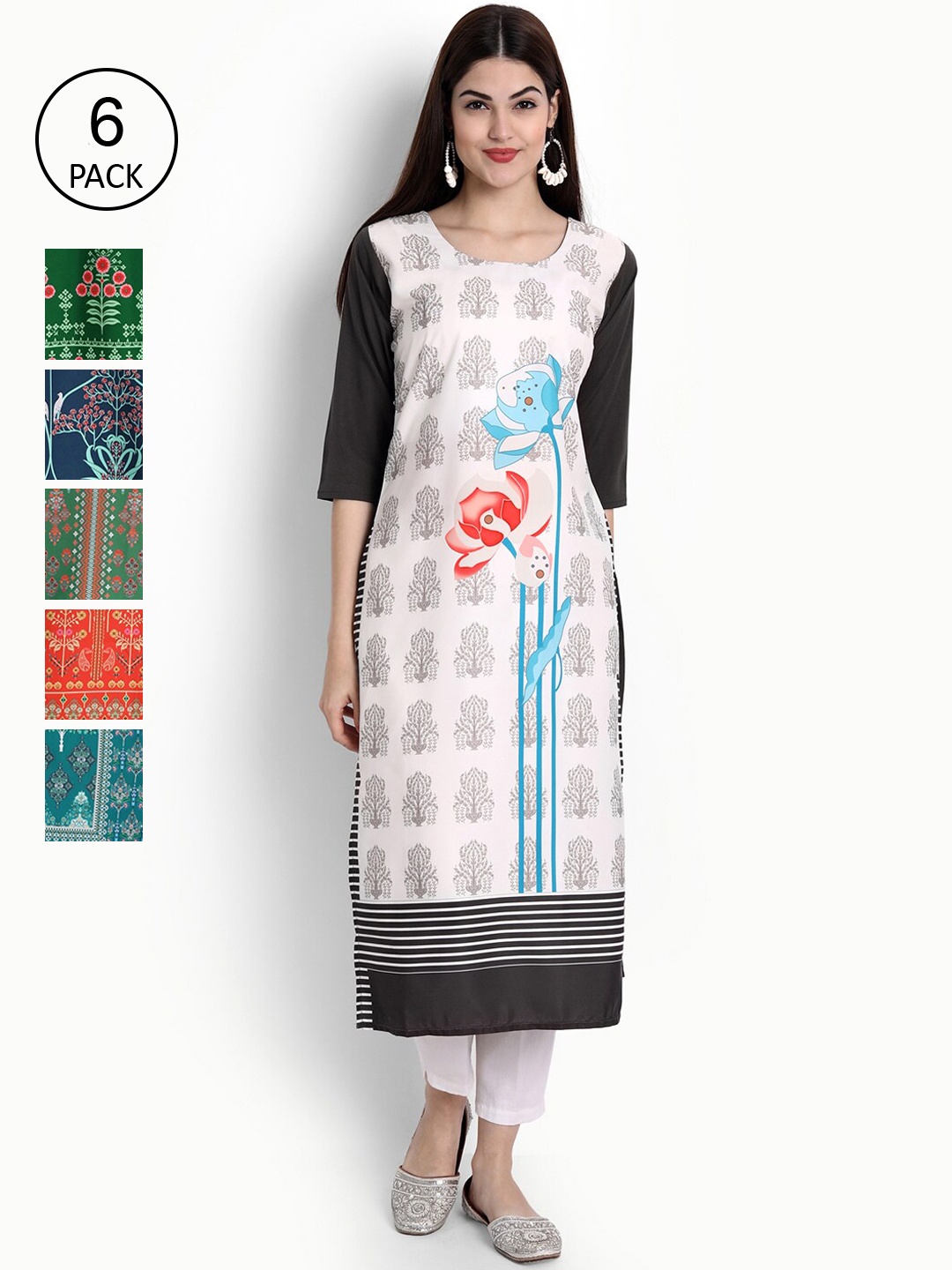 

Ethnic basket Women Pack of 6 Printed Crepe Kurta, White