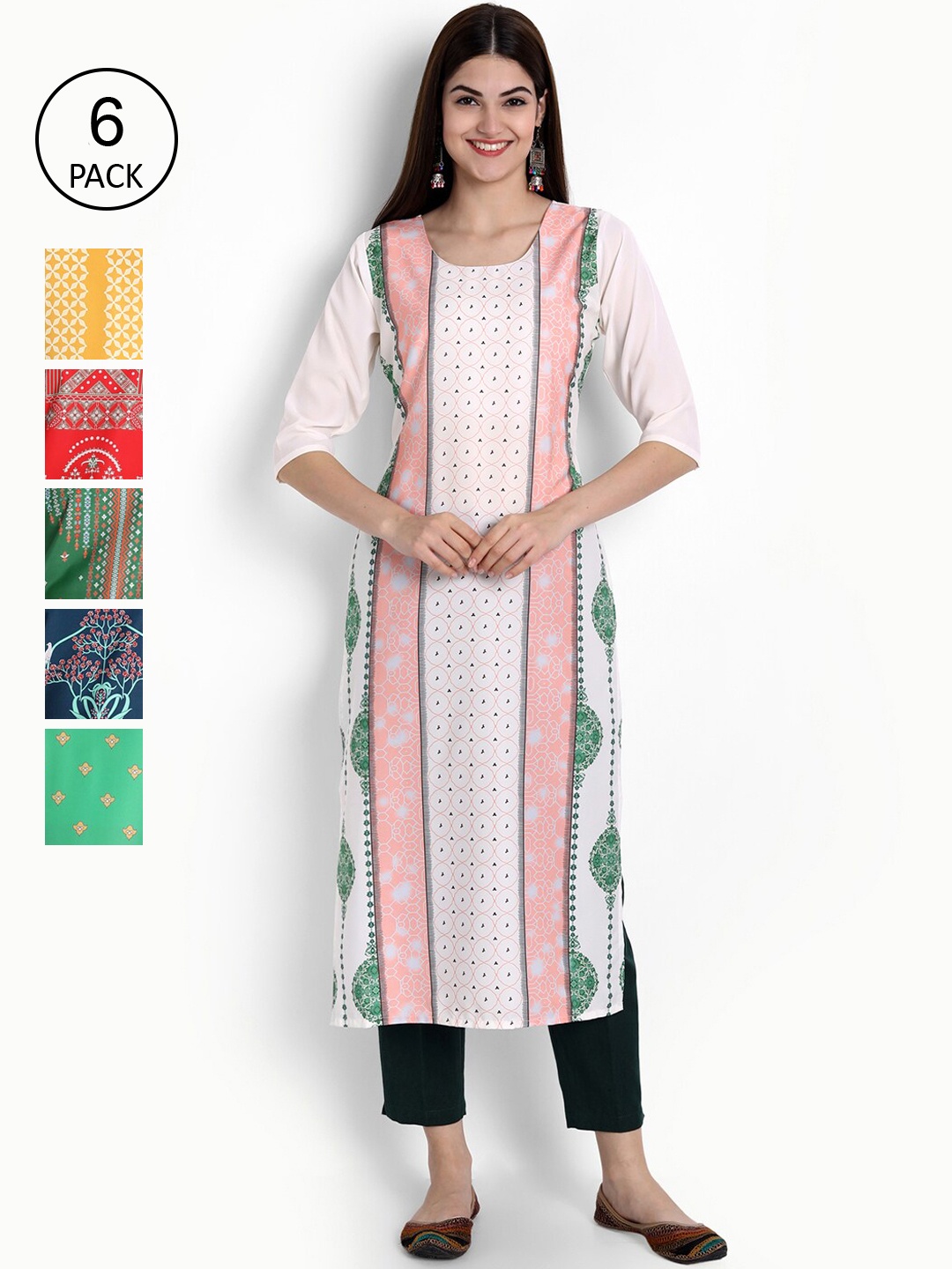 

Ethnic basket Women Pack of 6 Digital Printed Straight Kurtas, Pink