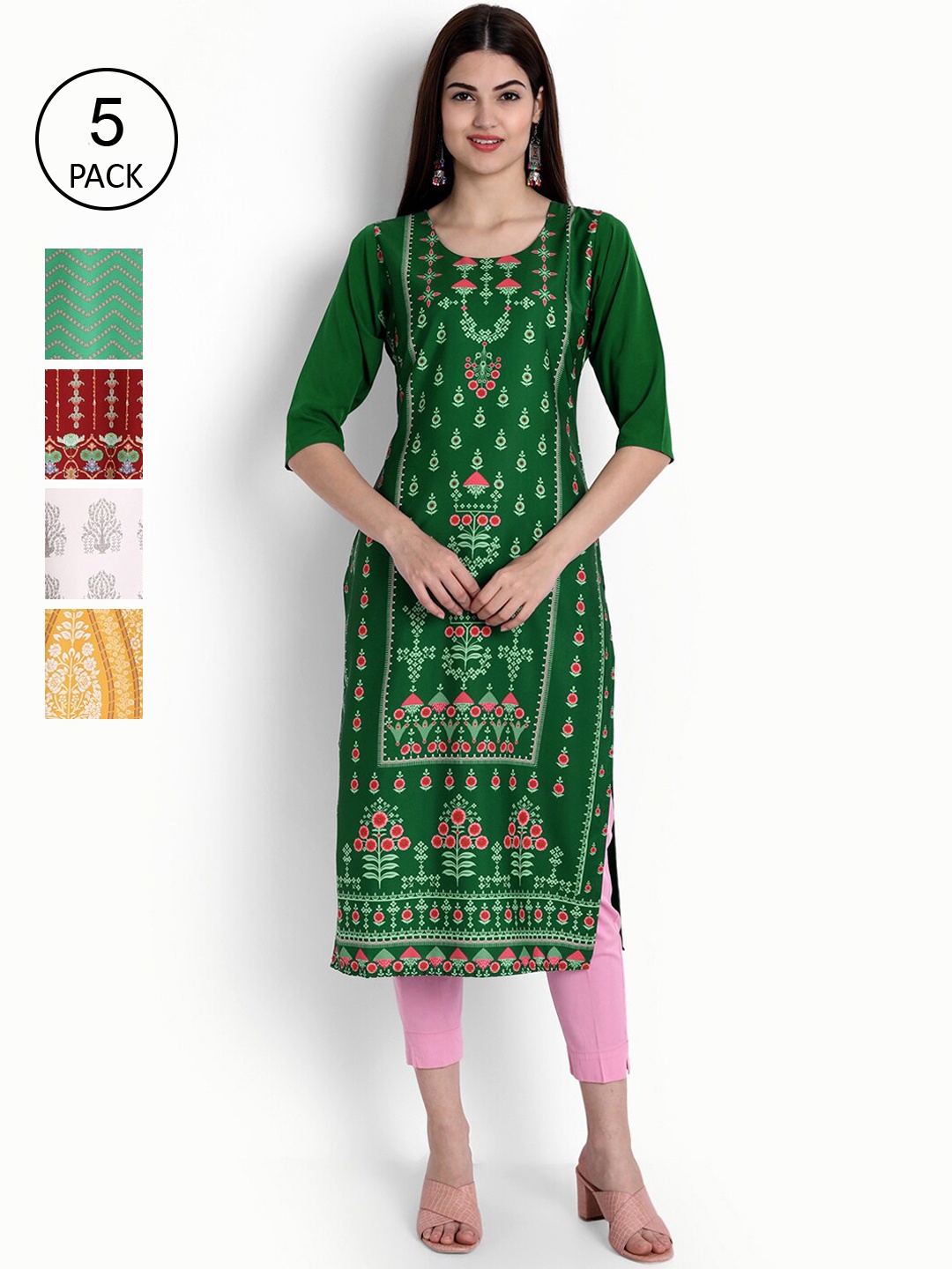 

Ethnic basket Women Set Of 5 Green & Red Ethnic Motifs Printed Crepe Kurta