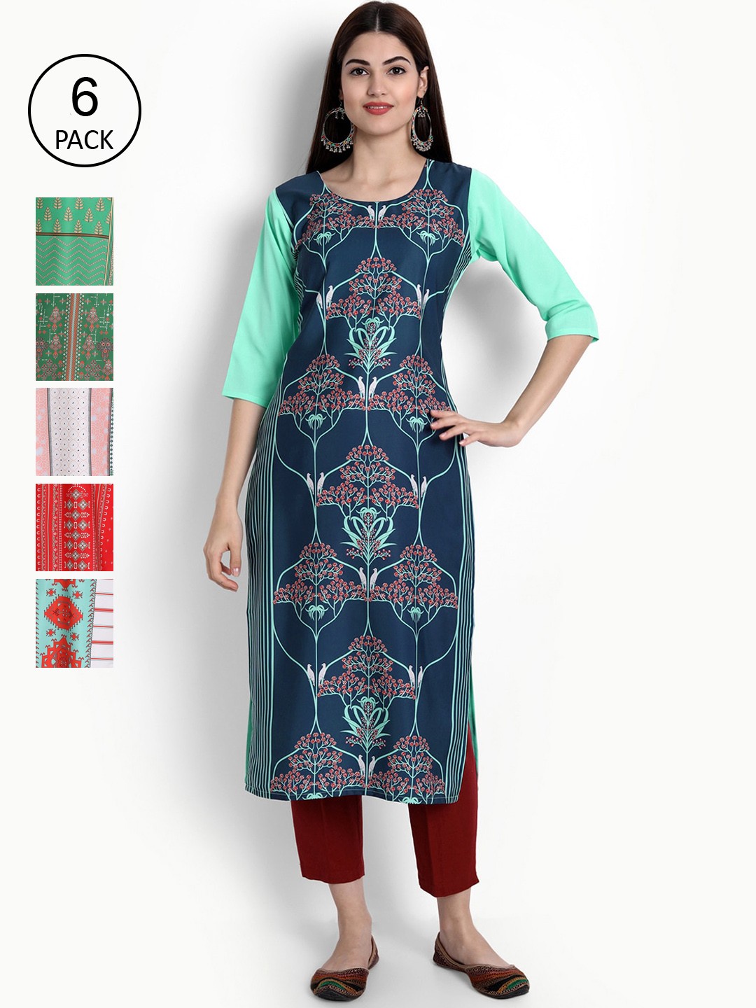 

Ethnic basket Women Blue & Green Ethnic Motifs Printed Crepe Kurta Pack Of 6