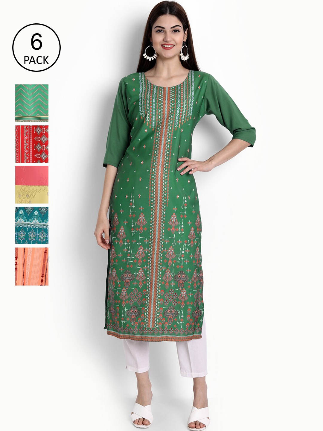 

Ethnic basket Women Pack Of 6 Ethnic Motifs Printed Crepe Kurta, Green