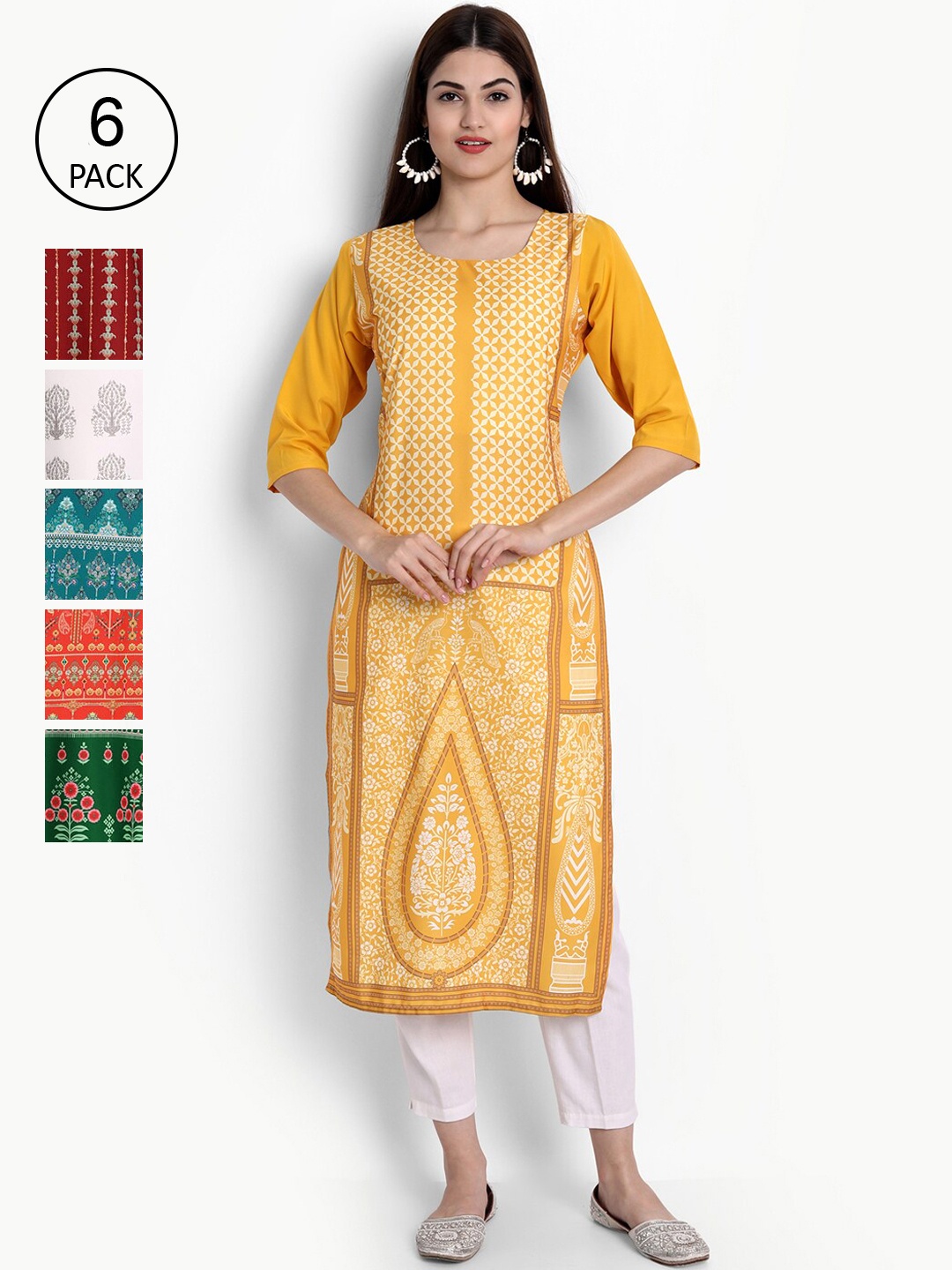 

Ethnic basket Women Yellow & Green Ethnic Motifs Printed Crepe Kurta Pack Of 6
