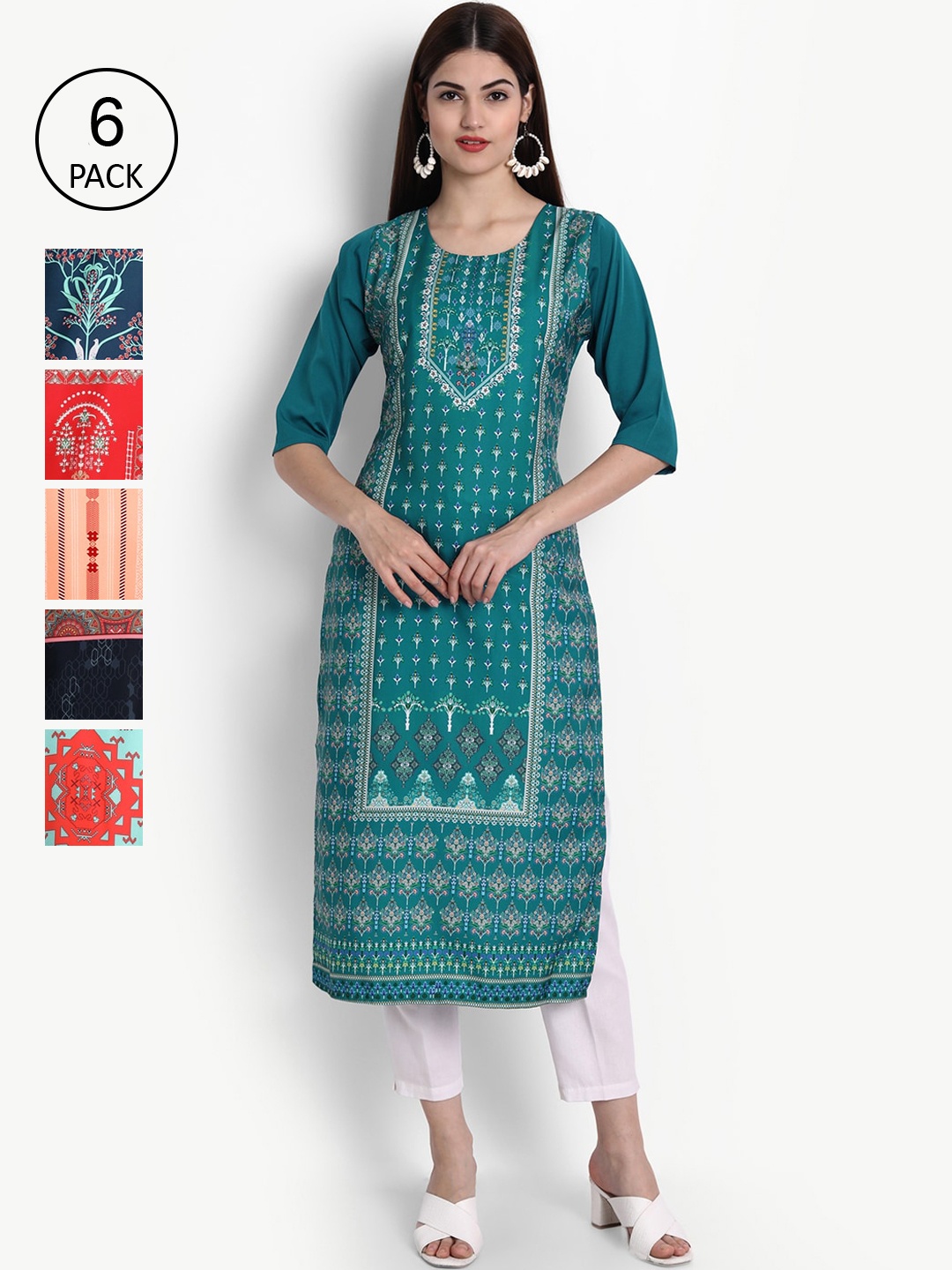 

Ethnic basket Women Pack of 6 Multicoloured Ethnic Motifs Printed Crepe Kurta, Multi