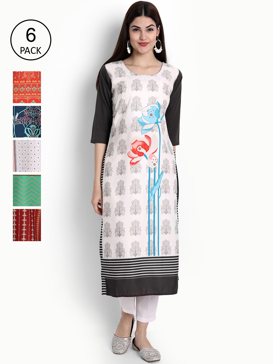 

Ethnic basket Women Pack of 6 Printed Crepe Kurta, White