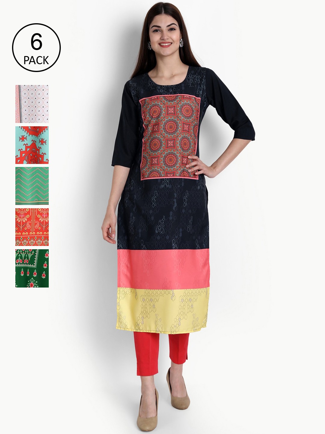 

Ethnic basket Women Pack Of 6 Multicoloured Ethnic Motifs Printed Crepe Kurta, Multi