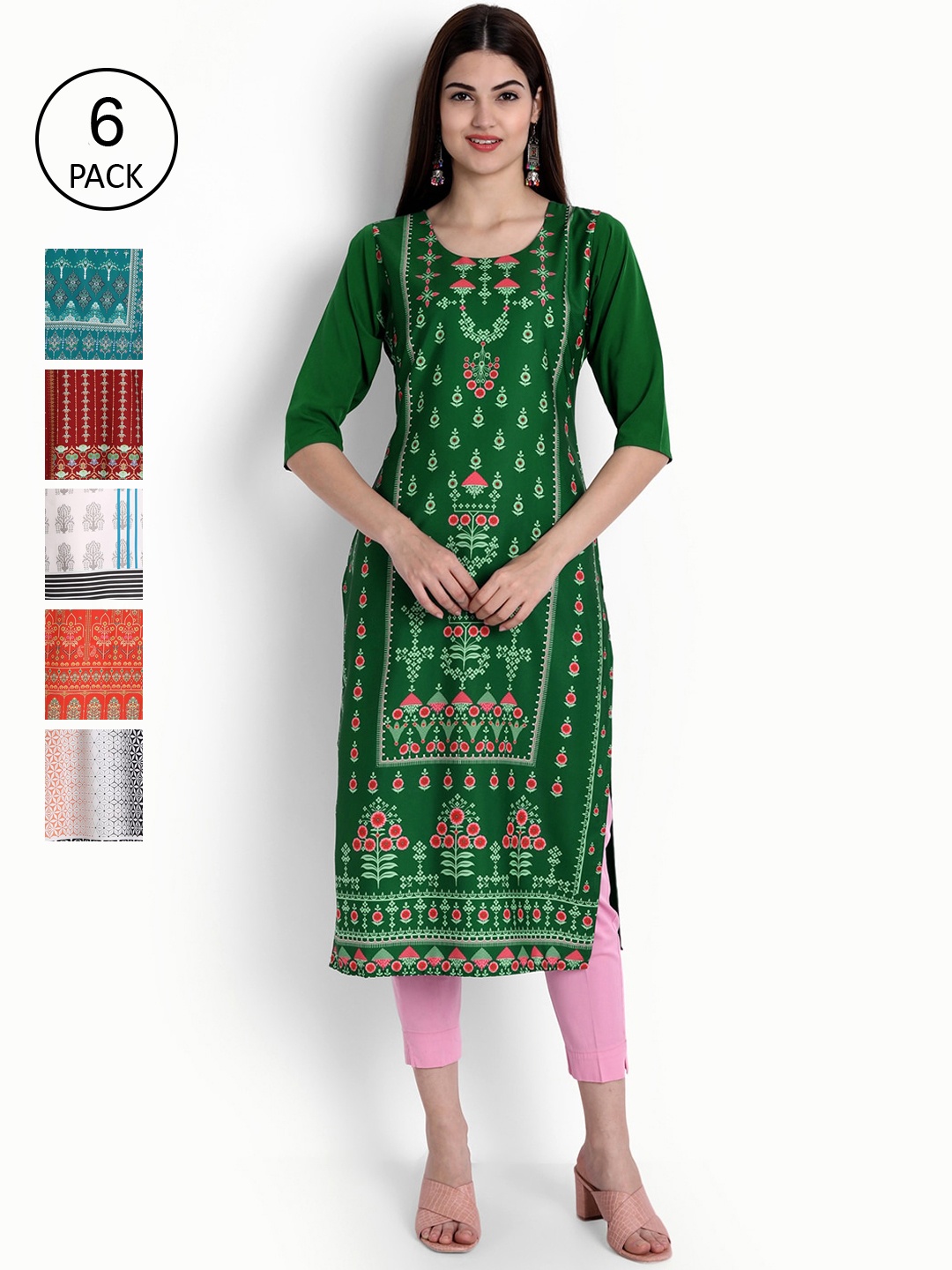 

Ethnic basket Women Set Of 6 Multicoloured Ethnic Motifs Printed Crepe Kurta, Multi