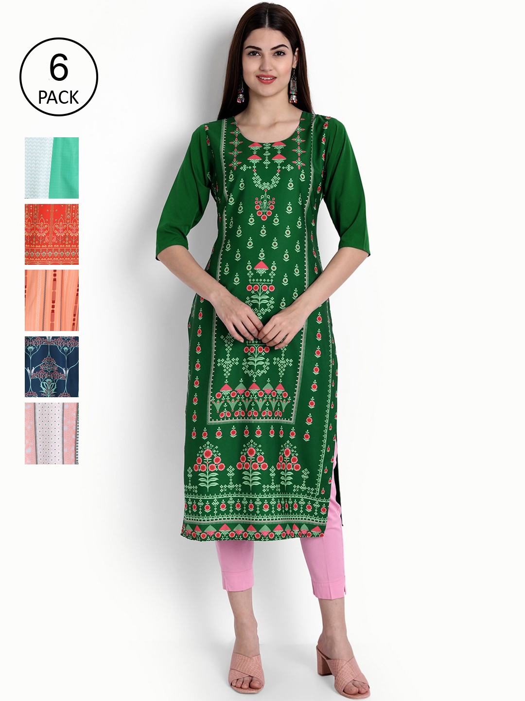 

Ethnic basket Women Green & Orange Ethnic Motifs Printed Crepe Kurta Pack Of 6