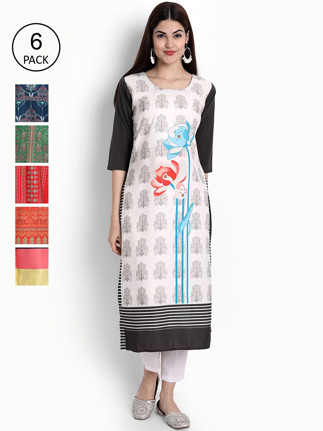 

Ethnic basket Women Pack of 6 White & Green Ethnic Motifs Printed Crepe Kurtas