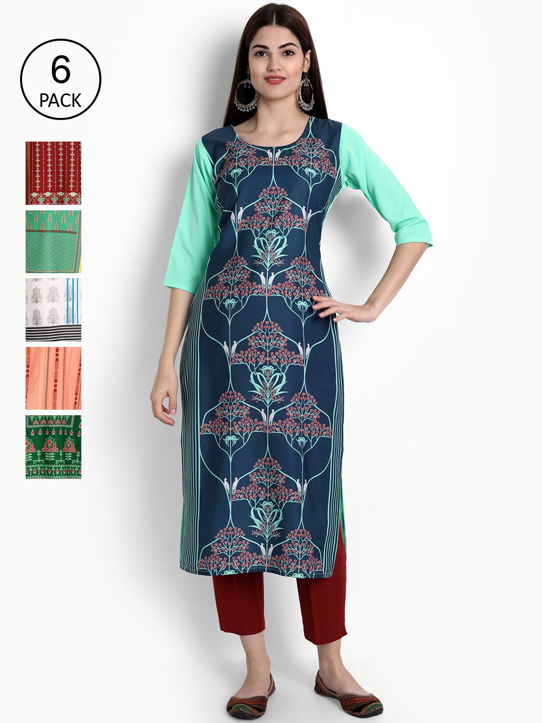 

Ethnic basket Women Set Of 6 Blue & Red Floral Printed Crepe Kurta