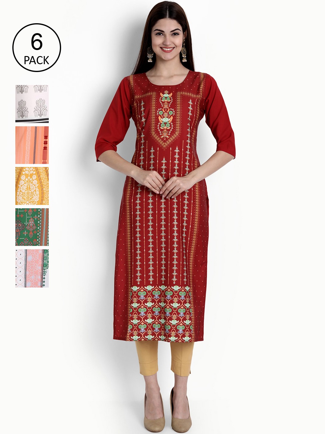 

Ethnic basket Women Pack of 6 Multicoloured Printed Crepe Straight Kurta, Multi