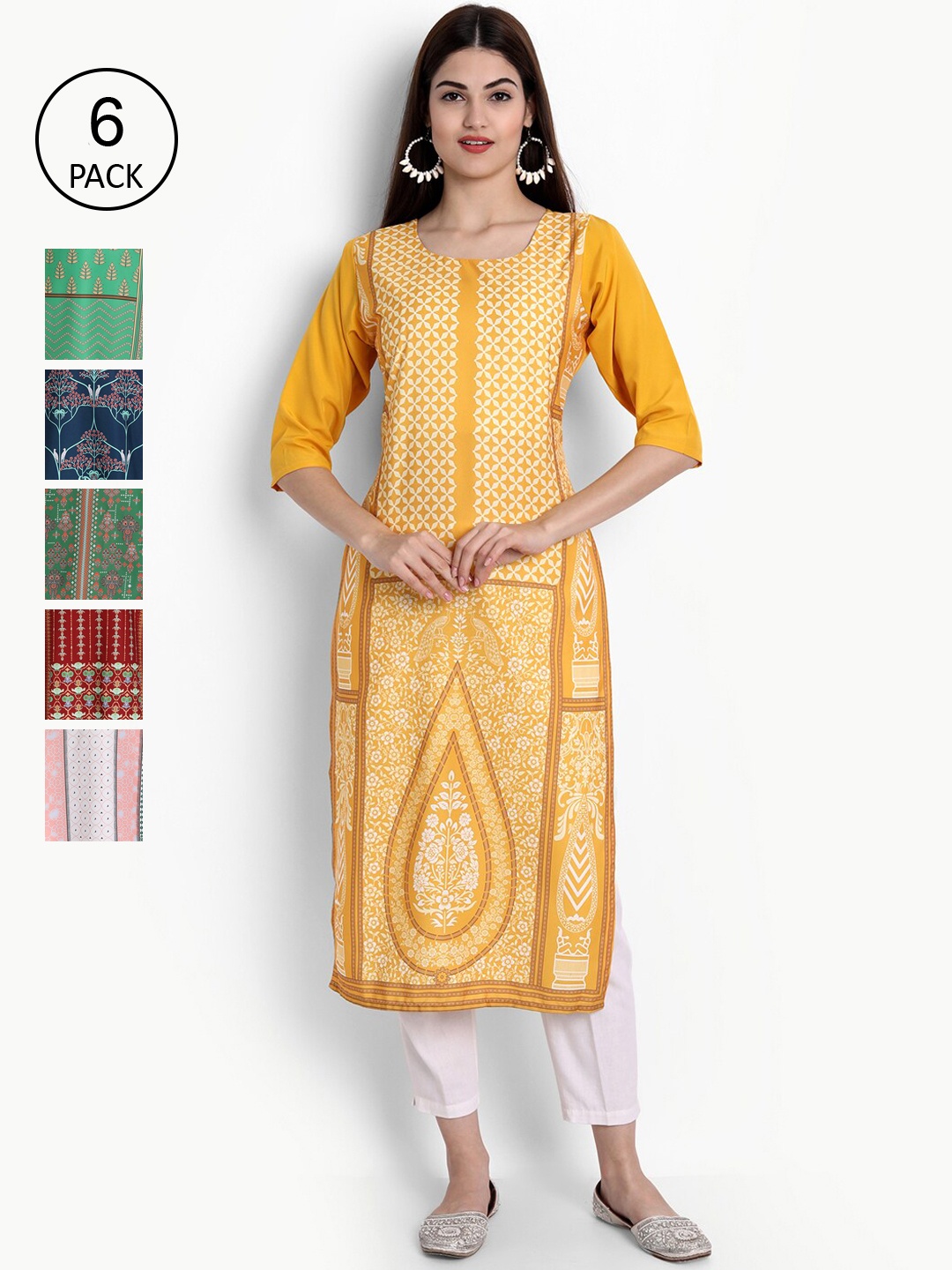 

Ethnic basket Women Pack Of 6 Ethnic Motifs Printed Crepe Kurta, Yellow