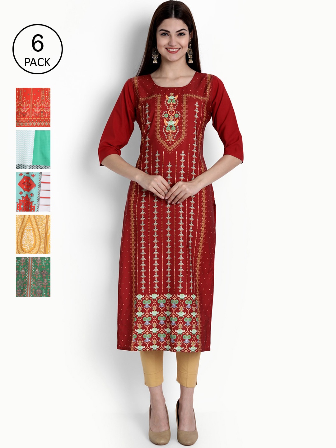 

Ethnic basket Women Pack of 6 Printed Crepe Kurta, Maroon
