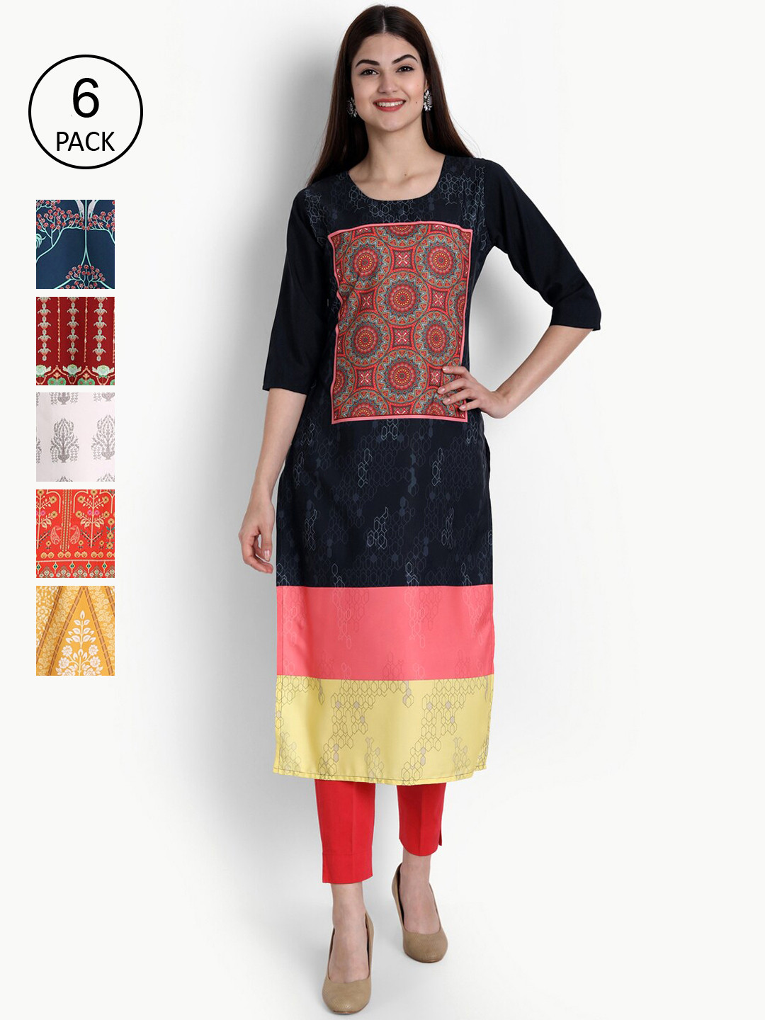 

Ethnic basket Women Pack of 6 Multicoloured Printed Crepe Straight Kurta, Multi