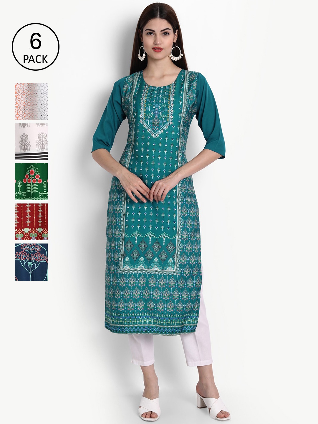 

Ethnic basket Women Multicoloured Set of 6 Printed Crepe Kurta, Multi