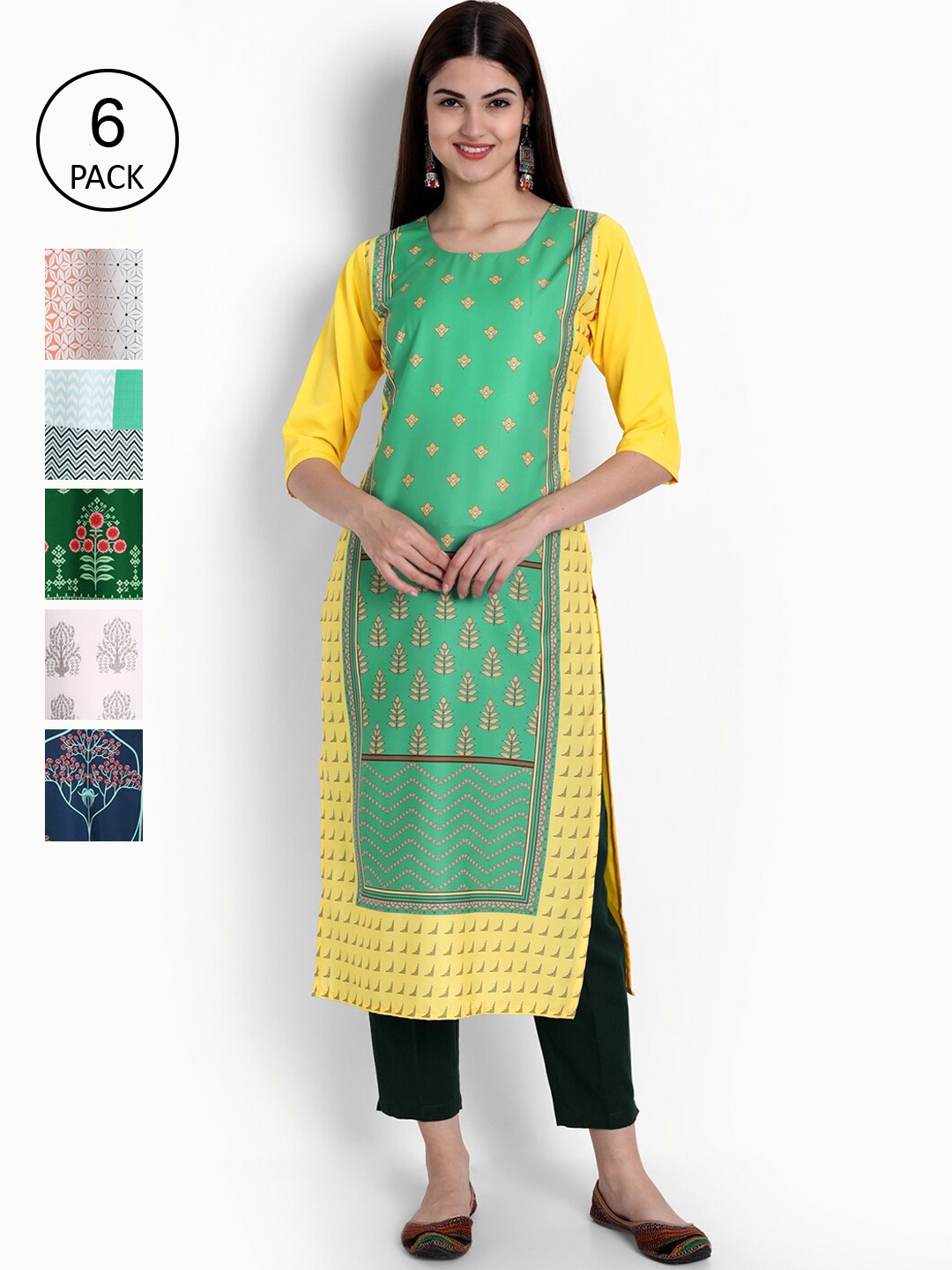 

Ethnic basket Women Multicoloured Pack Of 6 Ethnic Motifs Printed Kurta, Multi
