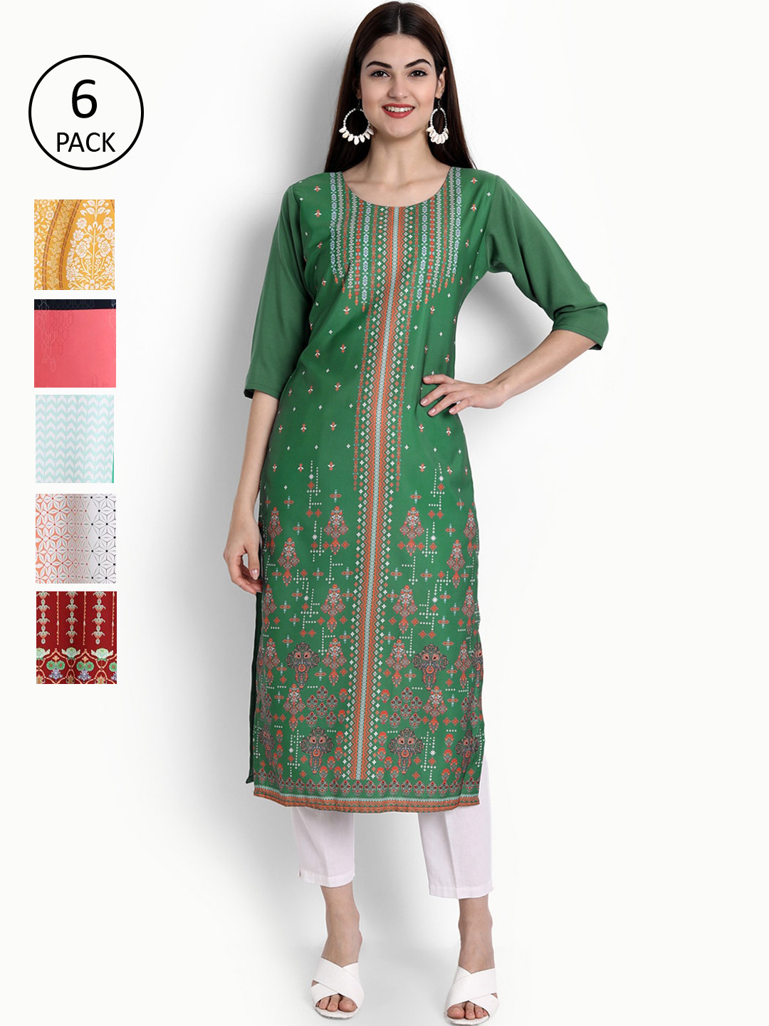 

Ethnic basket Women Set Of 6 Green & Yellow Ethnic Motifs Printed Crepe Kurta