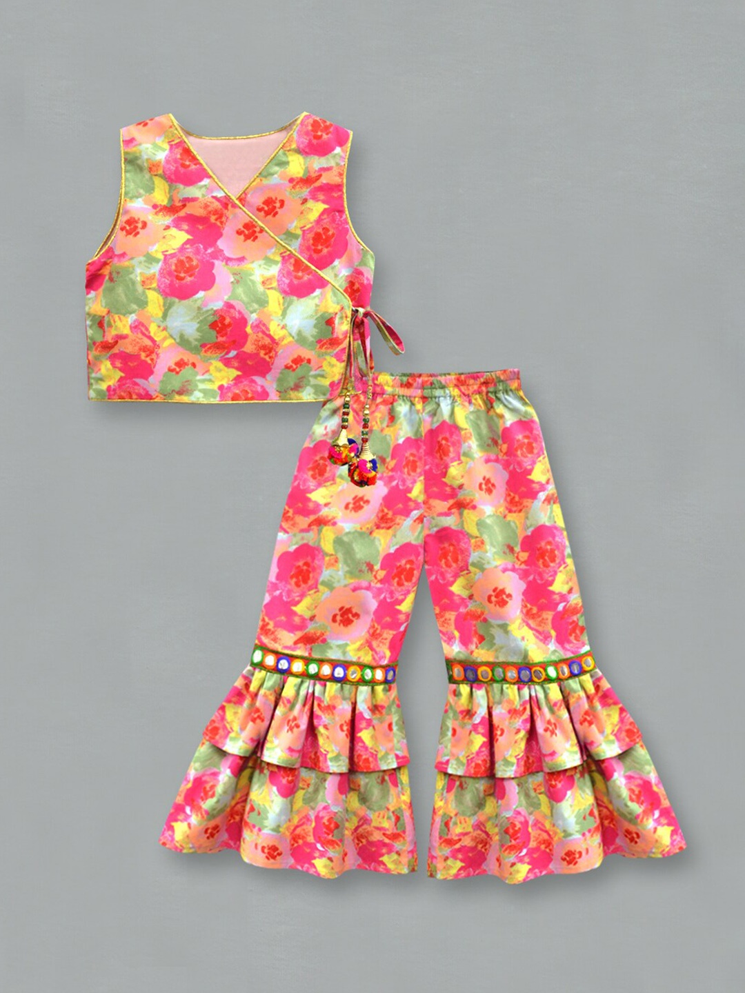 

A.T.U.N. Girls Floral Print Pure Cotton Top & Sharara Set With Mirror Work Detail, Pink